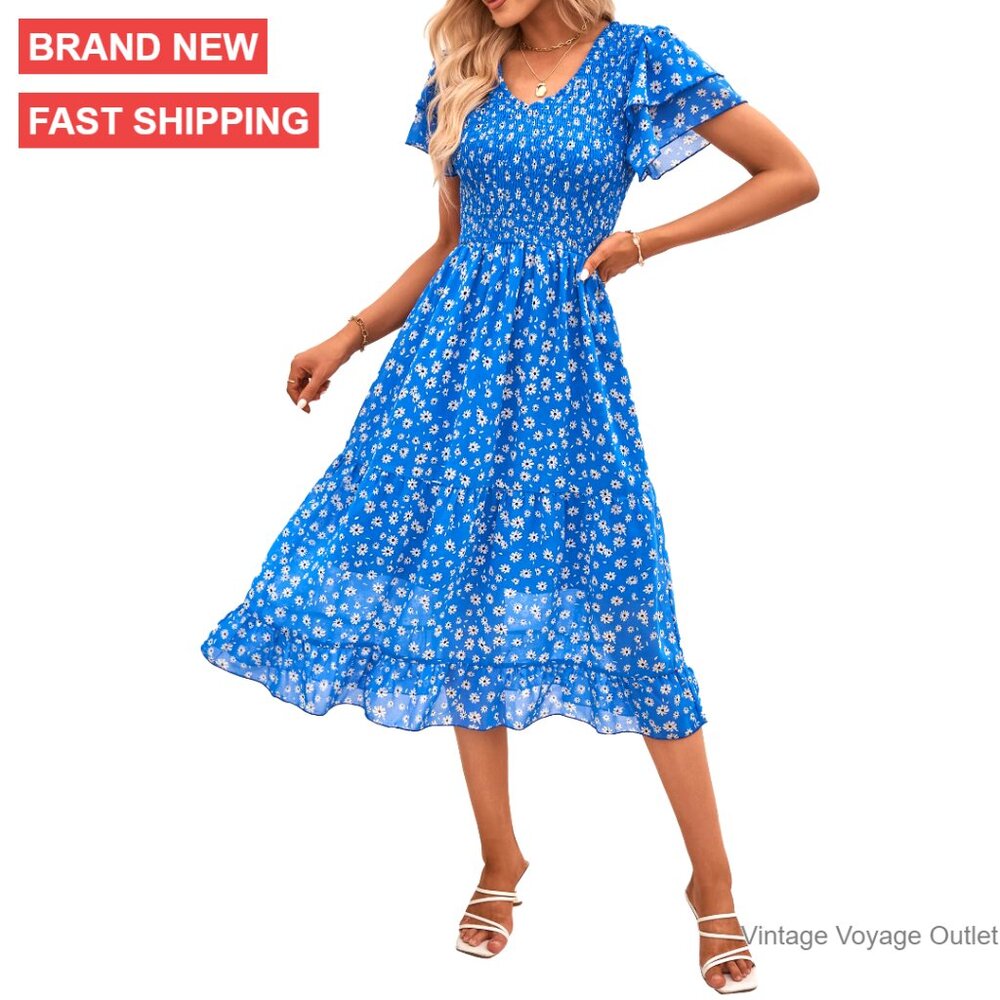 Floral Midi Dress With Smocked Bodice, Ruffle Sleeves, V-Neck, Chiffon Fabric